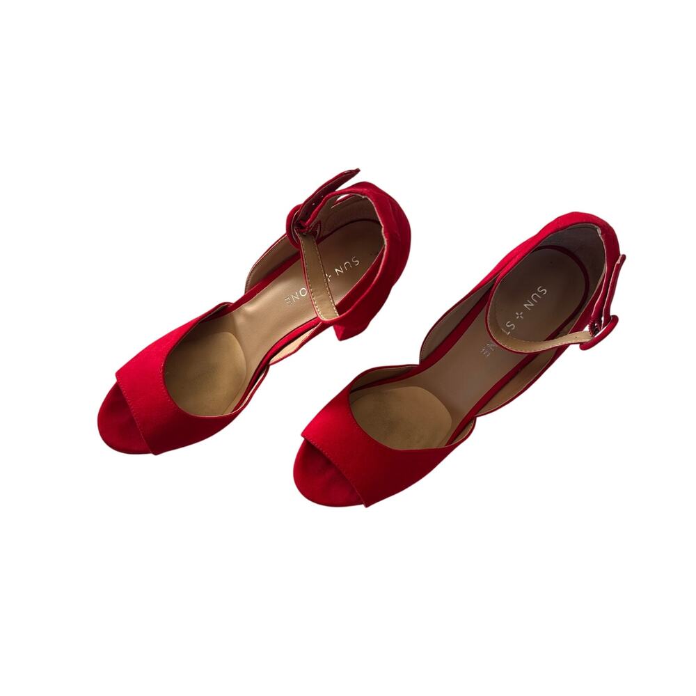 TSun + Stone Red Dress Heels w/ Ankle Strap Suede Sandals Block Heel 8.5 4inch - Picture 3 of 11
